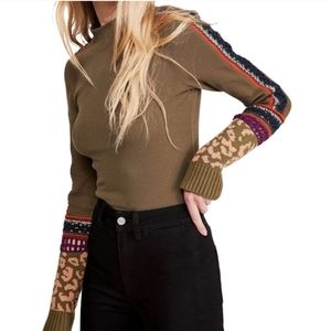 Free People Olive Green Knit Top with Multicolor Patterned Sleeves